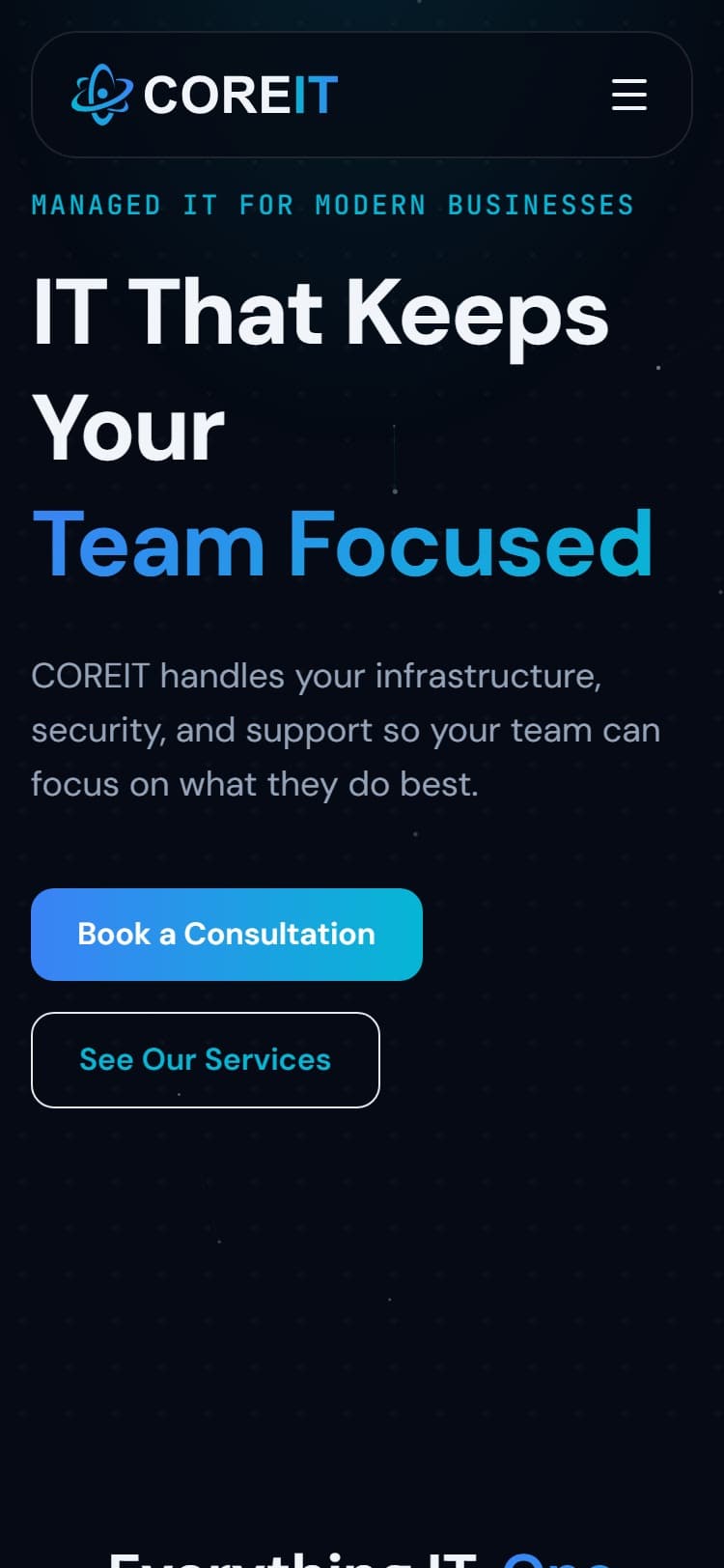 CoreIT LLC mobile view, built by Kenaz Works